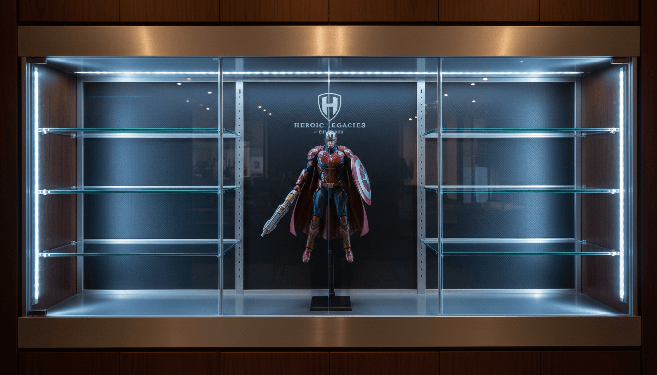 Superhero action figure in premium collector display case